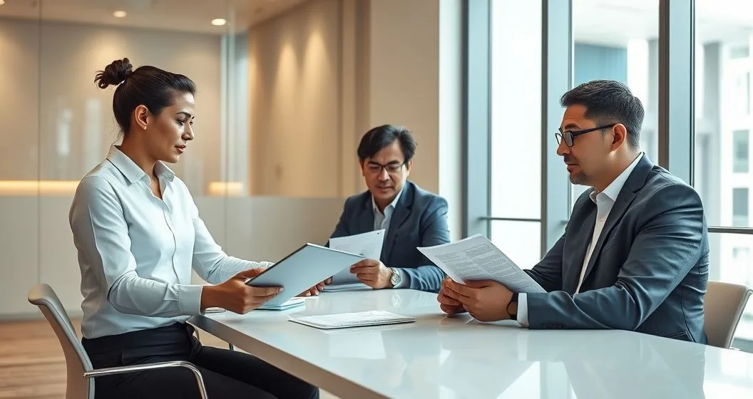 Applicant hands updated documents to loan officer and senior reviewer in a modern office as they review annotated files on a tablet