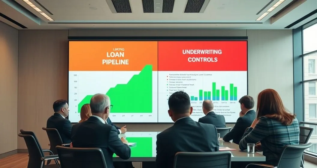 Diverse lenders in a bank committee room review a split display showing green expansion and red tightening to represent changing lender appetite
