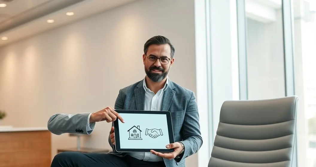 Loan officer and diverse homeowner couple at a modern bank conference table reviewing options with a tablet showing icons of a house key a gavel and a handshake symbolizing foreclosure judgment and alternatives