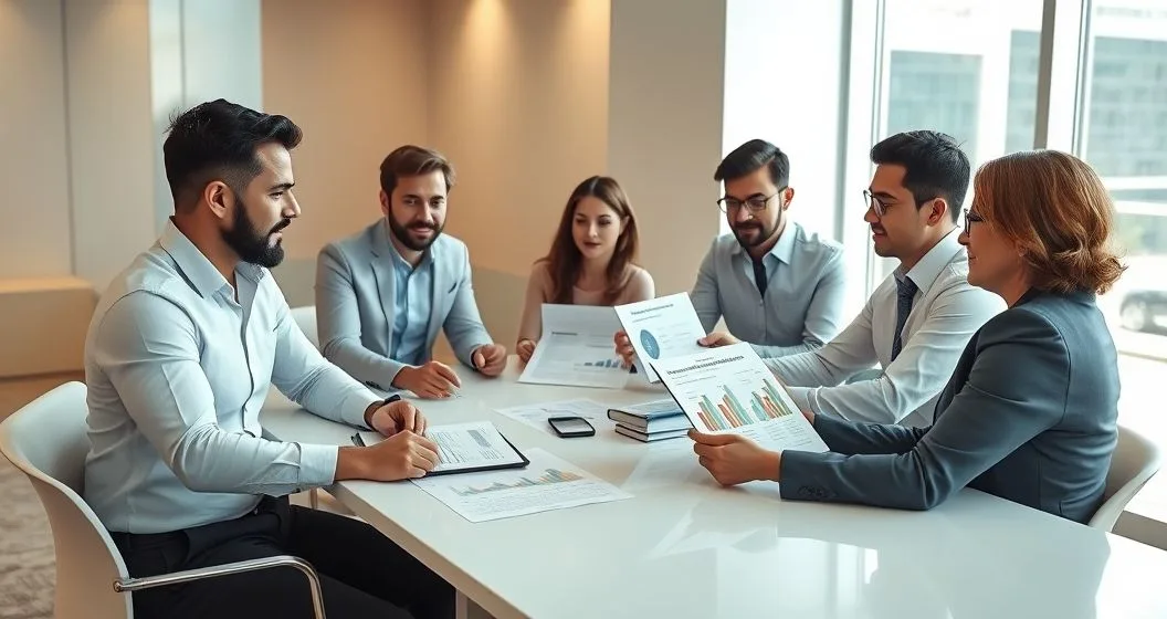 Small business owner and lenders reviewing loan application documents with charts on a conference table in a modern office