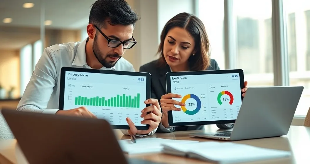 Two financial professionals compare tablets displaying a lender proprietary score and a consumer FICO gauge in a modern conference room