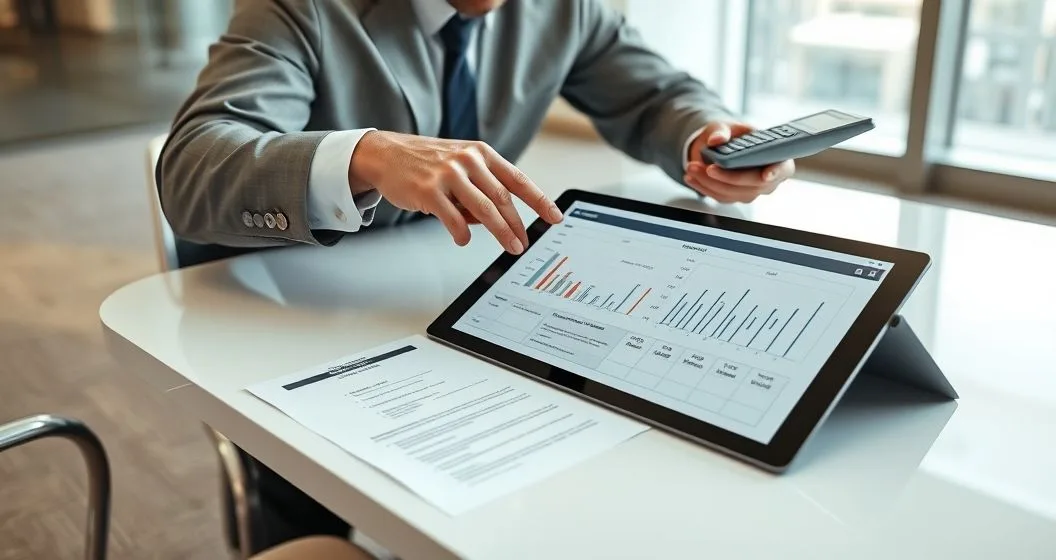 Loan officer and business owner examine stress test charts on a tablet beside a loan agreement in a modern office.
