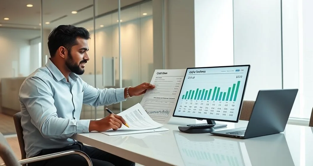 Two professionals at a conference table examine printed spreadsheets and a laptop showing a monthly cash flow projection as they point to projected cash shortfalls.