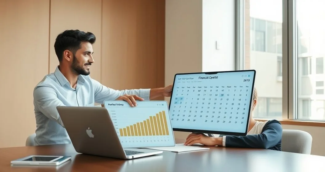 Small business owner and financial advisor review laptop with credit utilization graph and seasonal calendar in a modern conference room
