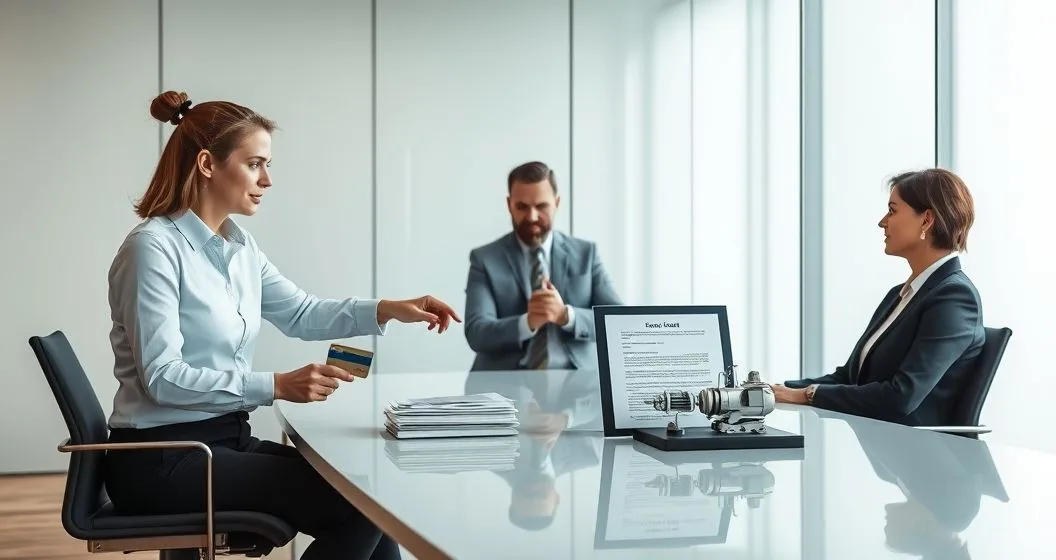 Two advisors explain a line of credit shown as a card and receipts and a term loan shown as a contract and machinery model to a small business owner in a modern conference room