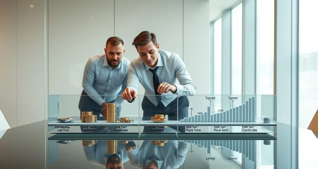 Financial advisor points to a three segment timeline on a conference table showing cash in the immediate bucket, bonds in the intermediate bucket, and stocks and a growth chart in the long term bucket while two clients watch.