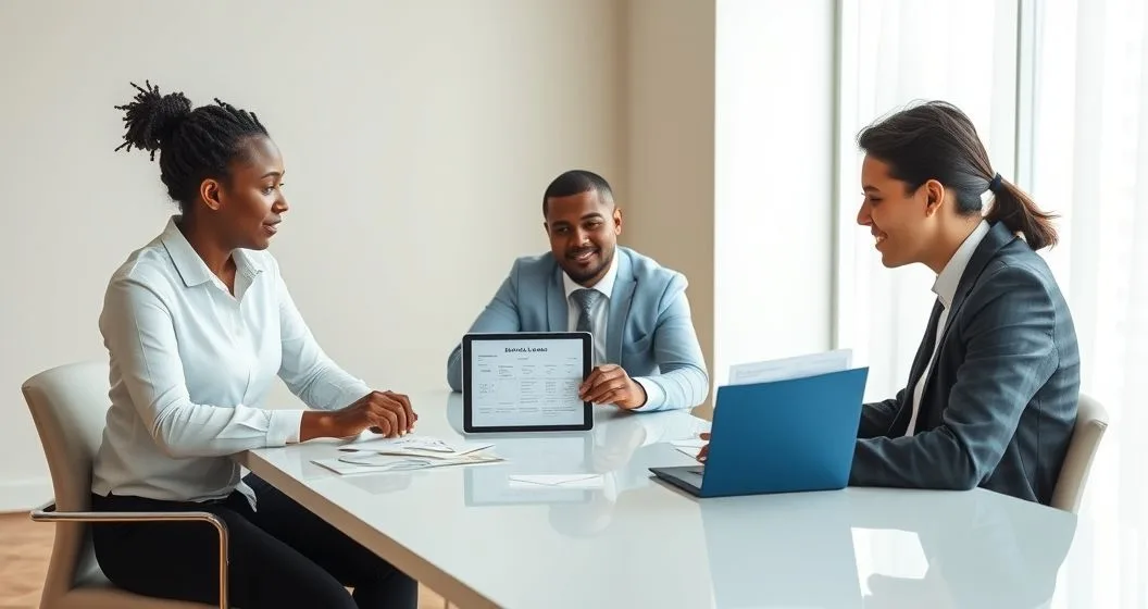 A financial advisor explains consolidating multiple high interest short term loans into one lower cost loan to two clients at a conference table with envelopes and a tablet