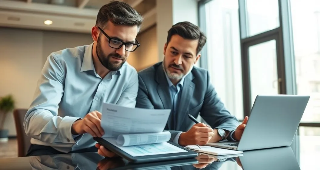 Small business owner and financial advisor reviewing a tablet that visually shows multiple loans merging into one in a modern office setting