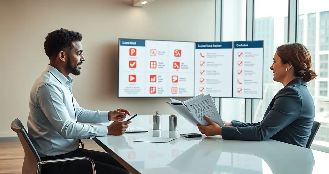 Loan officer and advisor reviewing red flag icons on a tablet with borrower in a modern office