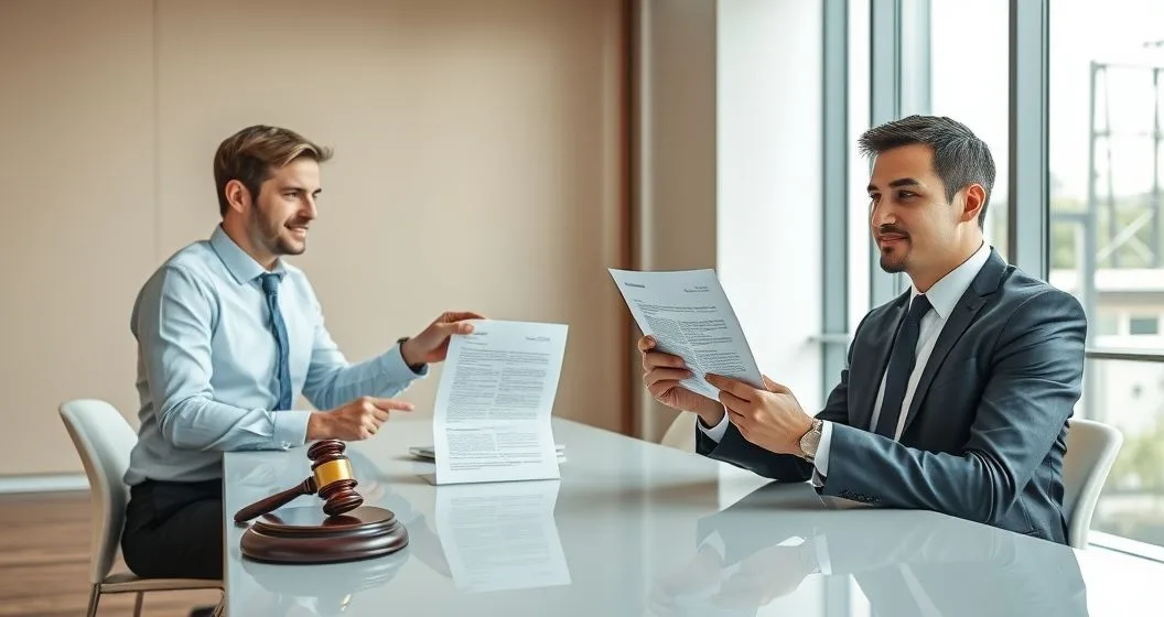 Lawyer pointing to a legal document with a gavel while a loan officer hands a borrower an approval letter at a modern conference table illustrating loan discharge and loan cancellation