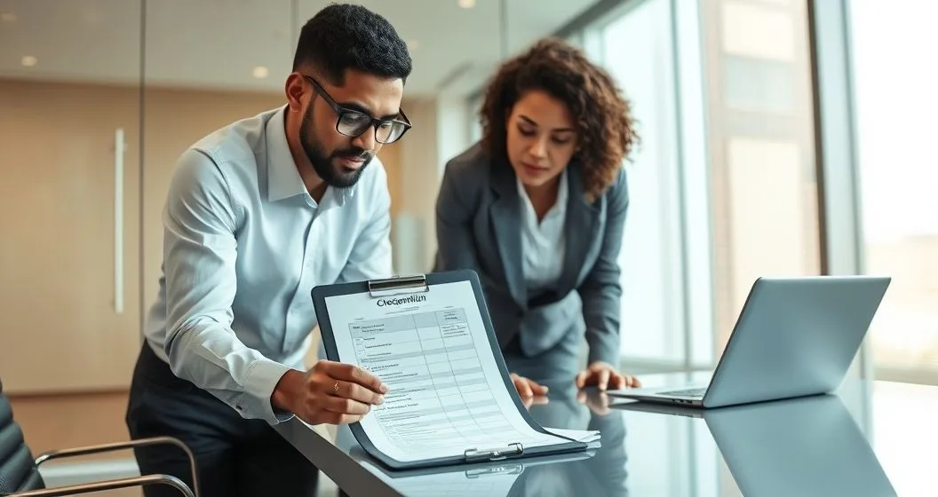 Diverse small business owner and loan officer reviewing a loan documentation checklist on a clipboard in a modern conference room.