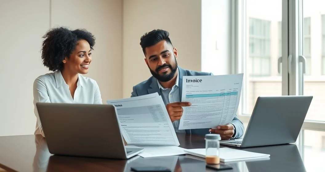 Borrower and loan officer reviewing a blurred itemized invoice at a conference table with a laptop and documents