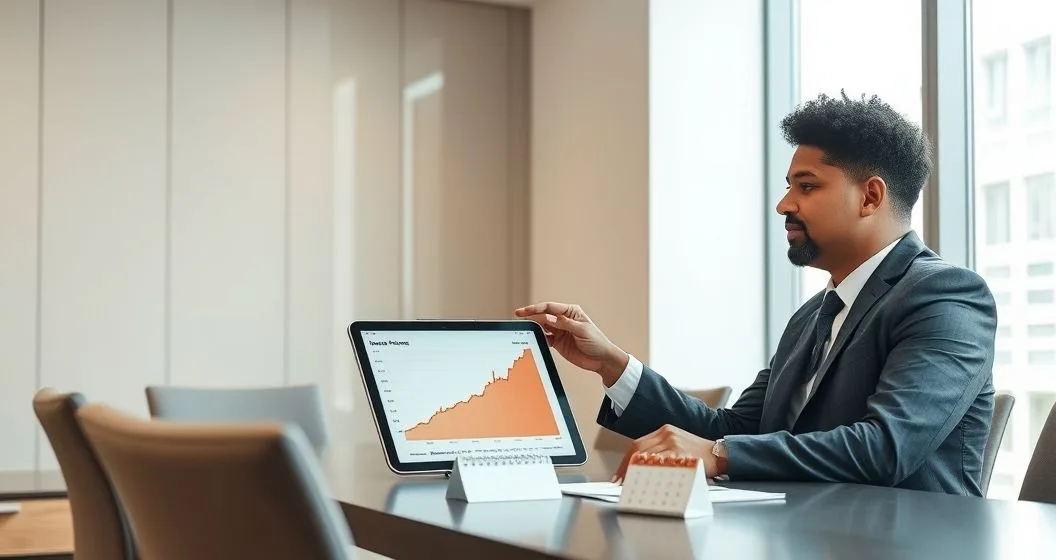 Financial advisor and borrower reviewing a tablet showing a loan amortization chart with rising balance and highlighted accrued interest in a modern office