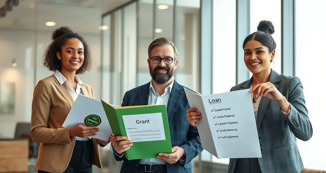 Small business owner with two advisors comparing a Grant folder with approval seal and a Loan folder with checklist for forgiveness in a modern conference room