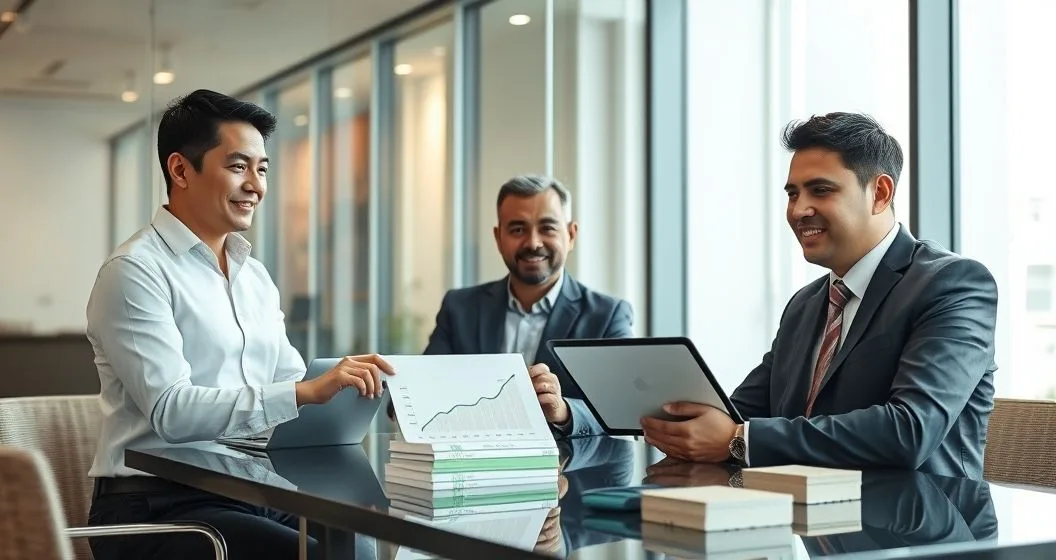 Loan officer and government guarantor meeting a small business owner in a modern office with a tablet showing falling interest and a reduced collateral stack