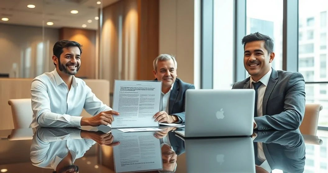 Three professionals around a conference table with a translucent shield over a loan document symbolizing a guaranty that reduces lender risk and improves loan terms for a small business owner.