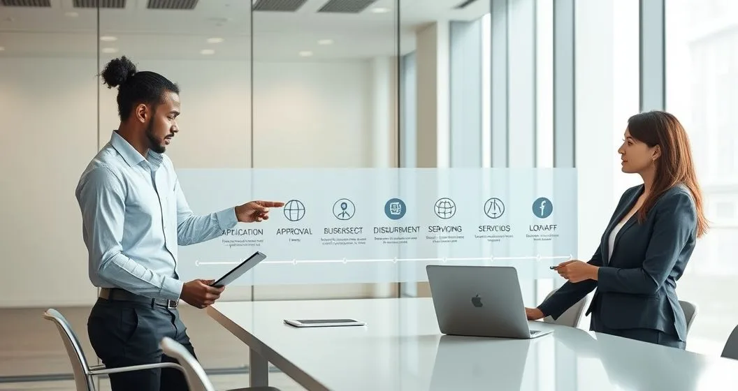 Diverse loan officer and clients reviewing a transparent digital timeline of the loan life cycle in a modern conference room.