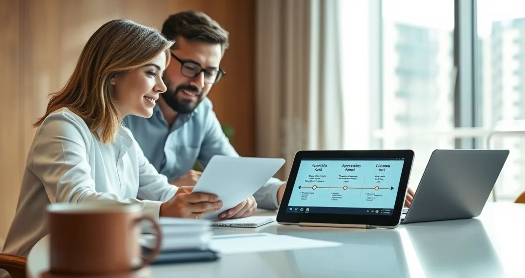 A loan officer points to a tablet showing a segmented timeline of loan stages while a borrower and colleague review documents at a minimalist conference table