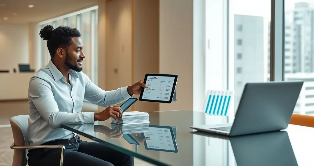 Financial advisor and client reviewing a tablet showing matched personal loan offers organized by credit tier in a modern office