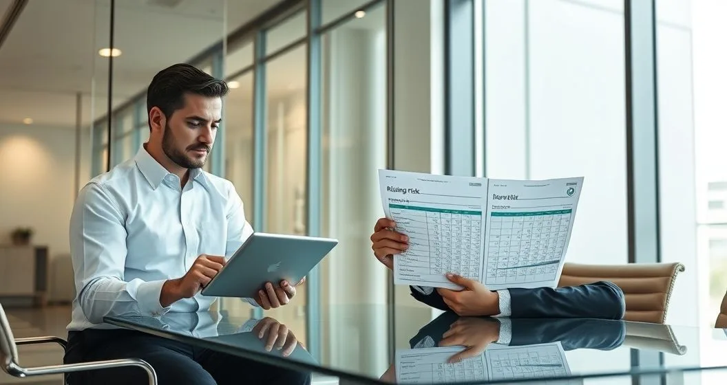 Loan officer reviews risk charts on a tablet while borrower presents a calendar extension in a modern conference room