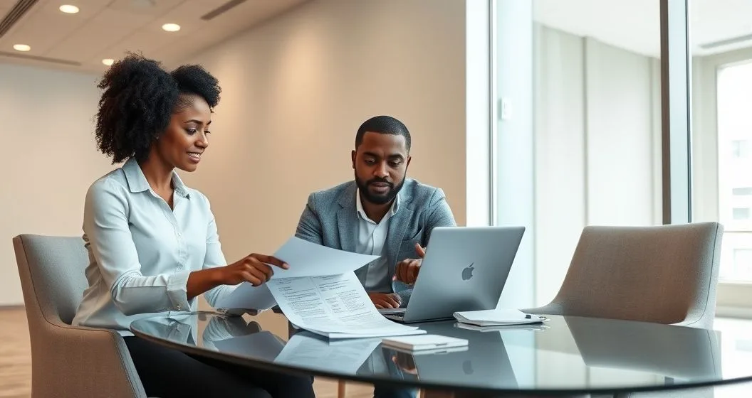 Borrower and mortgage counselor at a conference table reviewing financial documents and a tablet checklist in a modern office setting.
