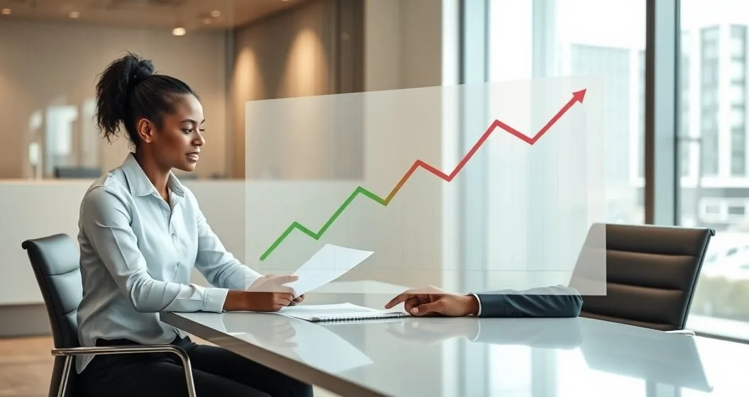 Loan officer and borrower reviewing a loan modification with an overlaid credit score chart showing a brief dip then recovery