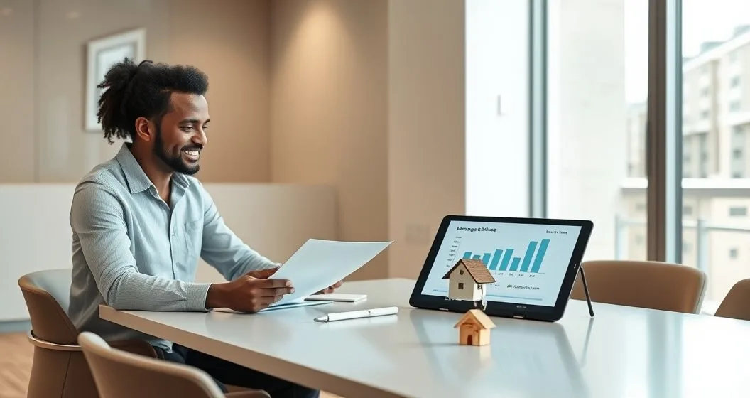 Homeowner and mortgage servicer reviewing loan documents and a tablet showing reduced monthly payment next to a house key and miniature house model in a modern office