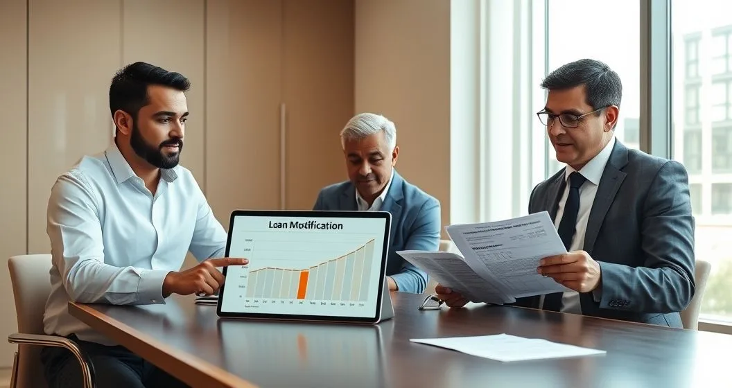 Two financial professionals and a homeowner at a conference table reviewing a laptop that shows a loan modification amortization chart beside a forbearance calendar as an advisor points and another professional checks a credit report