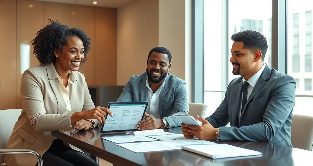 Minority small business owner meeting with a loan officer and financial advisor over a tablet and documents in a modern conference room