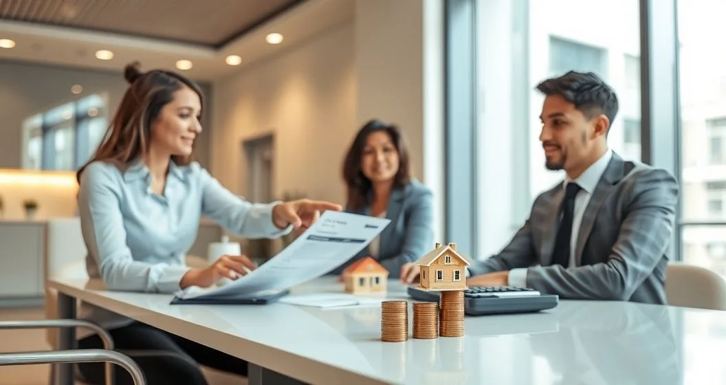 Loan officer and diverse couple at a conference table pointing at a blurred loan estimate with a calculator, house model, and stacked coins illustrating fees affecting APR