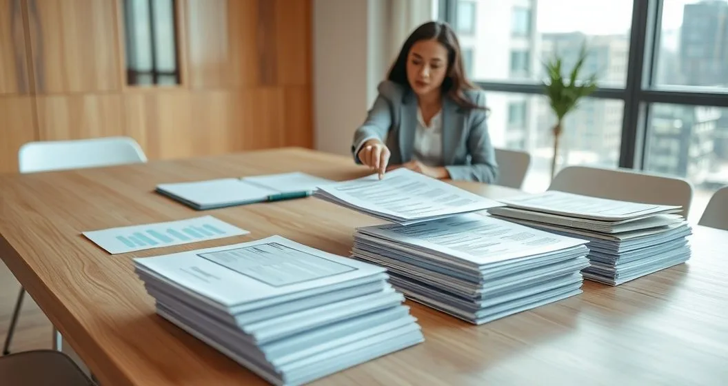 Loan officer and borrower reviewing a neat loan package of documents on a conference table