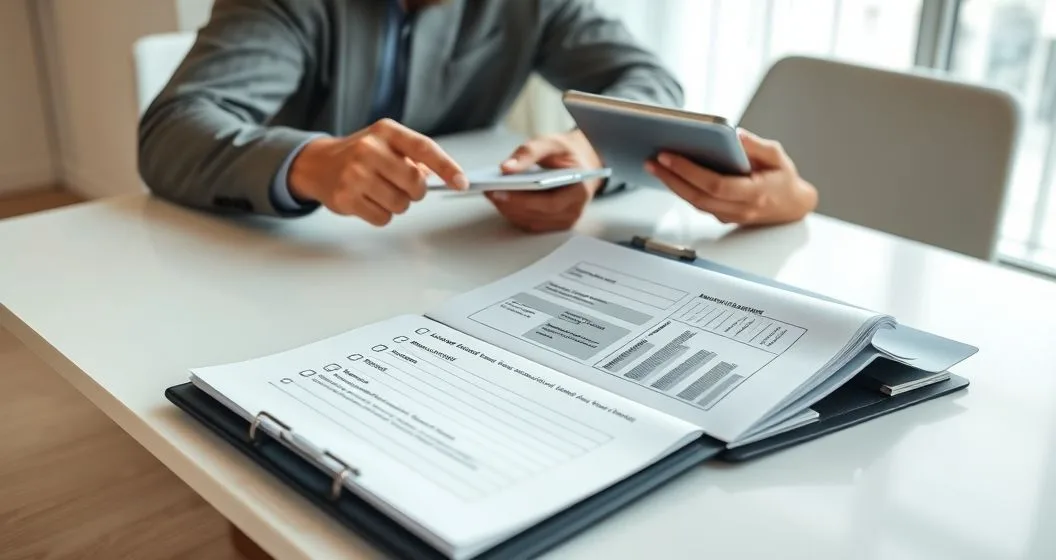 Small business owner and loan officer reviewing a printed loan packaging checklist at a conference table with organized folders and a tablet showing financial charts