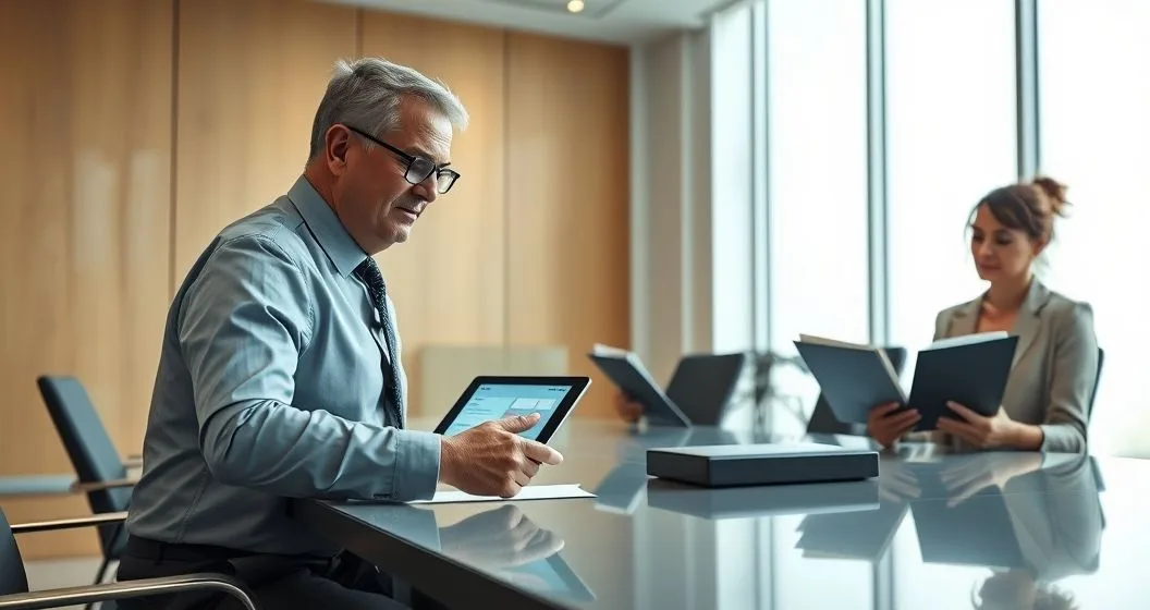 Senior bank officer presenting a segmented loan diagram to three diverse institutional lenders in a modern boardroom illustrating loan portions being distributed