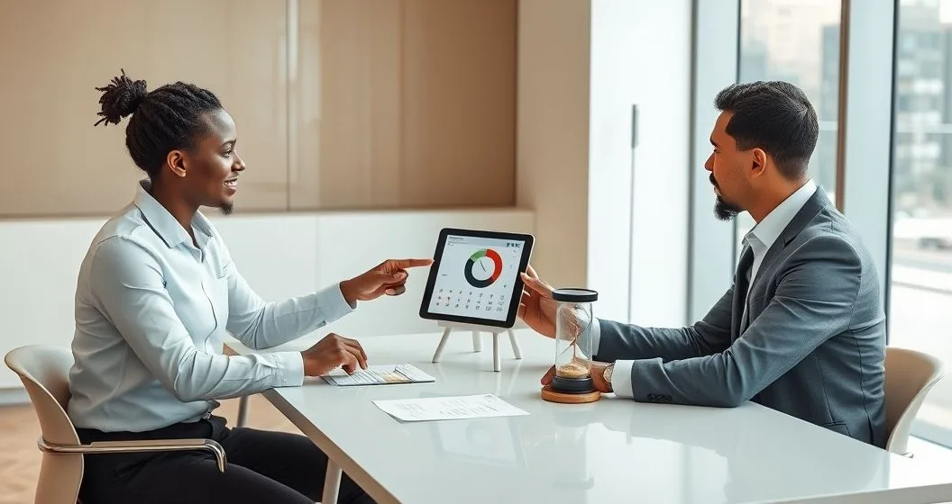 Financial advisor points to a tablet calendar as a borrower listens across a modern office table with an hourglass and loan documents.