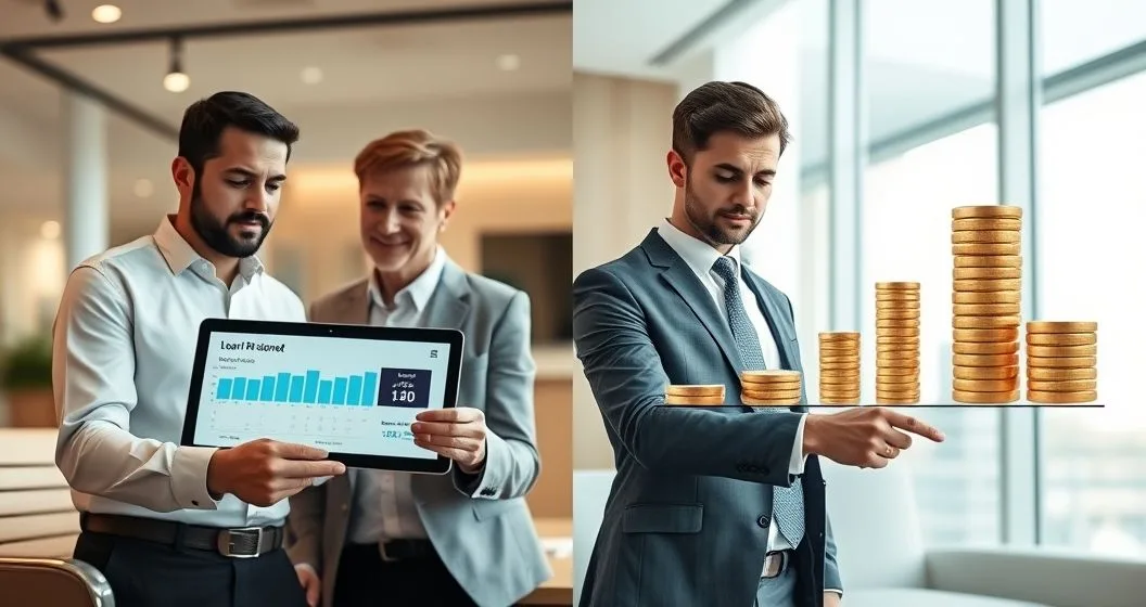 Two panel scene in a bank conference room showing a loan officer and client reviewing a tablet with lower monthly payment on the left and another officer pointing to a longer timeline and larger coin stack indicating higher total interest on the right