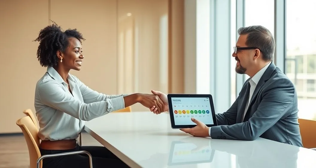 Borrower and financial counselor shake hands over a tablet displaying a progress bar and nine checkmarks symbolizing loan rehabilitation in a modern office