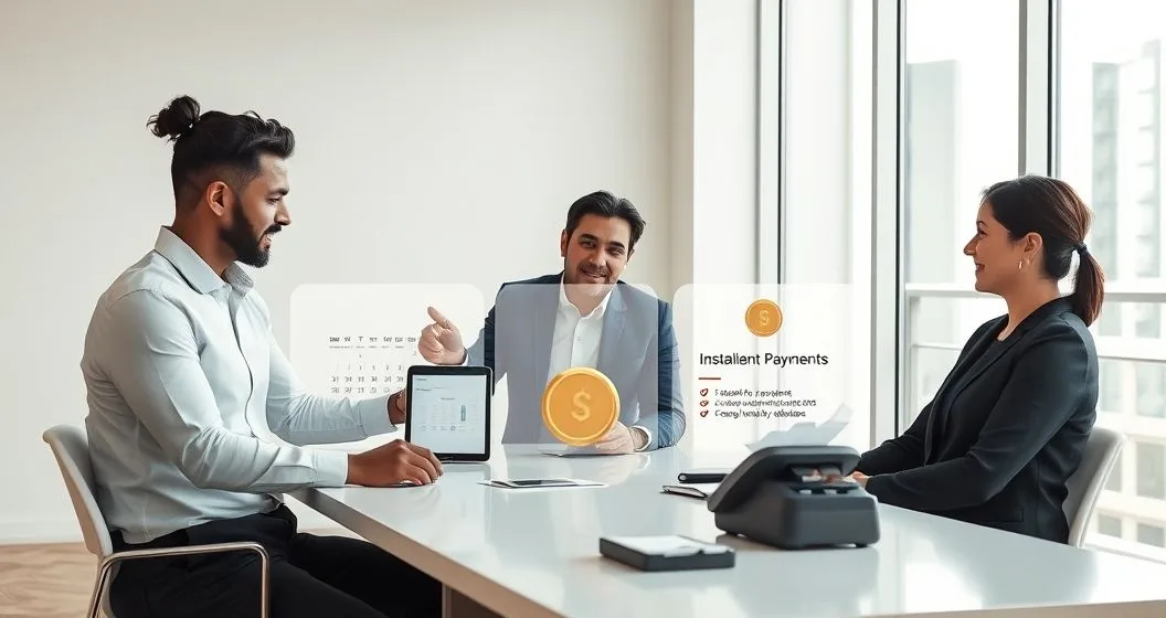 Advisor showing three panels on a tablet illustrating installment calendar, single pay coin, and merchant point of sale with withheld receipts
