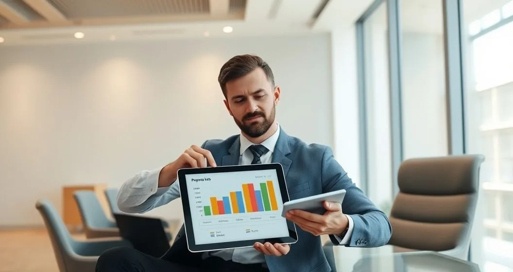 Loan officer points at tablet with segmented payment chart while borrower takes notes
