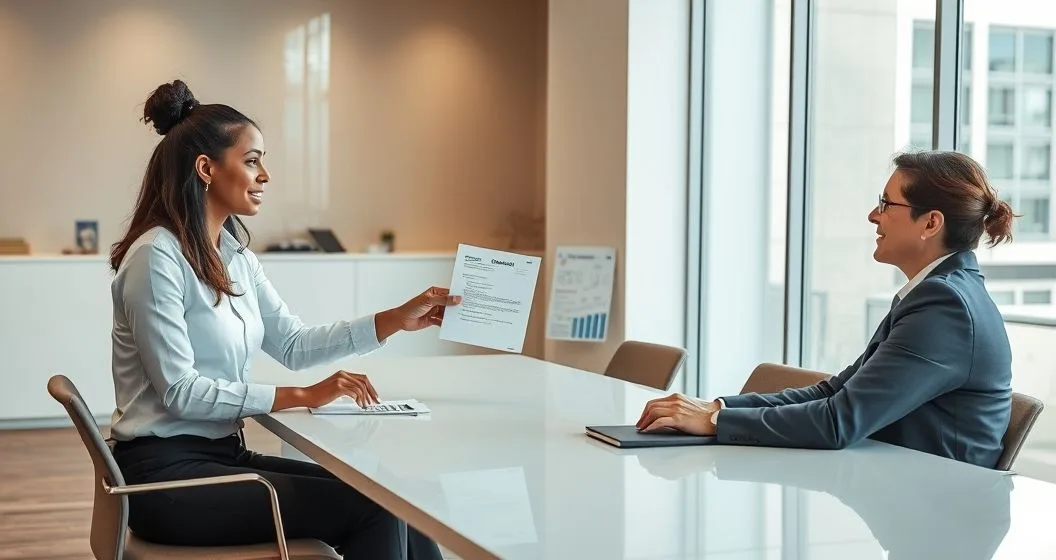 Two loan servicers exchanging a borrower file across a conference table while the borrower looks on in a modern office