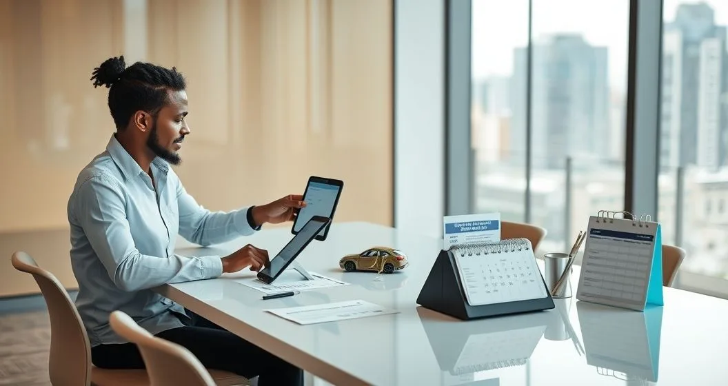 Borrower and loan servicer at a conference table with a model car. Servicer points to a tablet showing auto pay turned off while borrower holds a billing statement and a calendar shows a changed due date