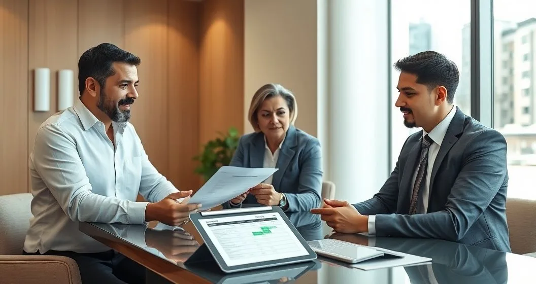 Homeowner with two loan servicers exchanging a loan file while reviewing an escrow statement and a payment calendar on a tablet in a modern office