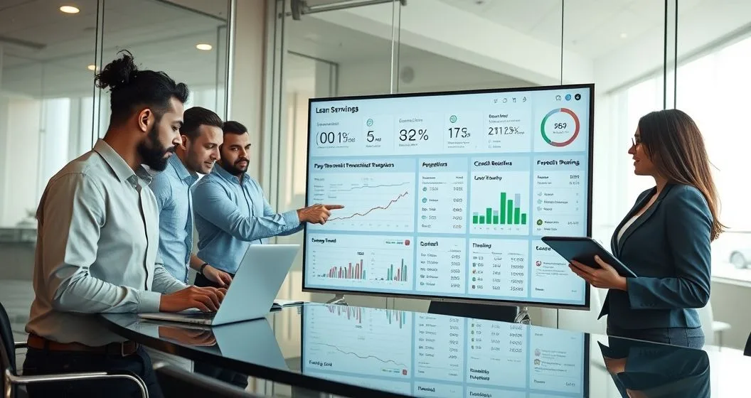 Diverse loan servicing team reviewing a digital dashboard with billing payments escrow reporting and payoff progress in a modern conference room