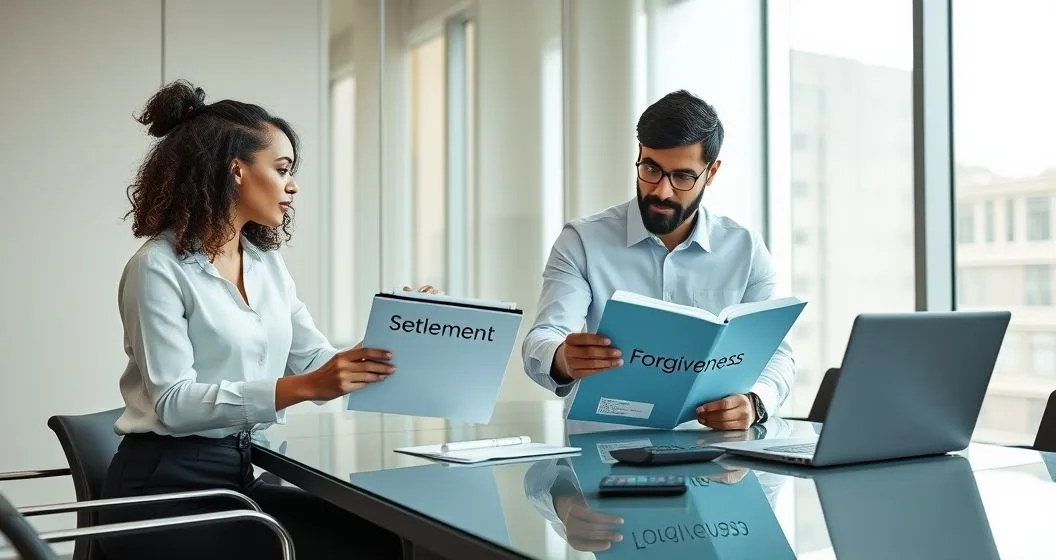 Two professionals compare a folder labeled Settlement and a folder labeled Forgiveness on a conference table with a laptop and calculator in a clean office