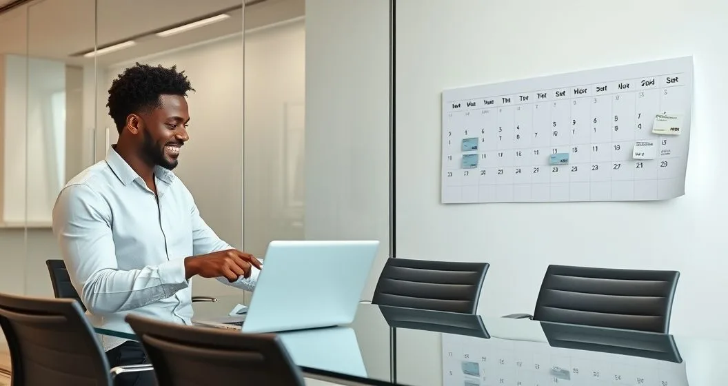 Borrower and loan officer in a modern bank conference room reviewing clustered lender offer cards on a laptop while pointing to a calendar with a short block of marked dates to show concentrated rate shopping
