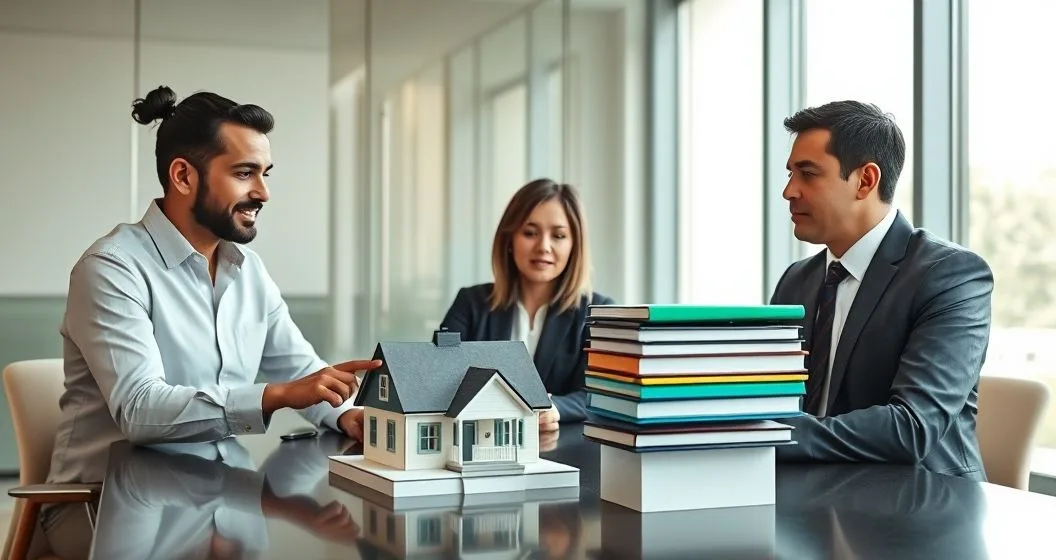 Homeowner and two lenders in a modern conference room with a small house model on the table and two stacked color coded loan folders one elevated to show senior and subordinate ranking as the lenders discuss