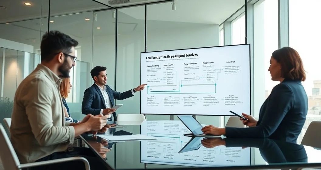 Lead lender points to a digital loan flow diagram on a screen as diverse participant lenders review tablets in a modern conference room.