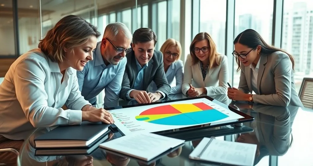 A lead arranger and diverse lenders in a glass boardroom studying a tablet with a segmented graphic showing each lender's portion of a syndicated loan
