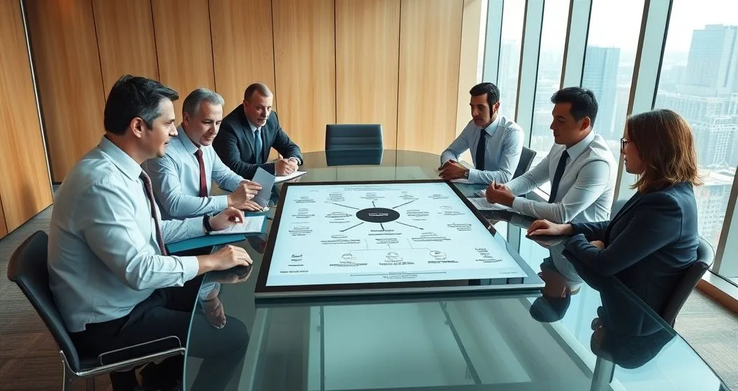 Lead lender and multiple bank representatives around a conference table reviewing a unified credit agreement and an abstract allocation diagram on a tablet