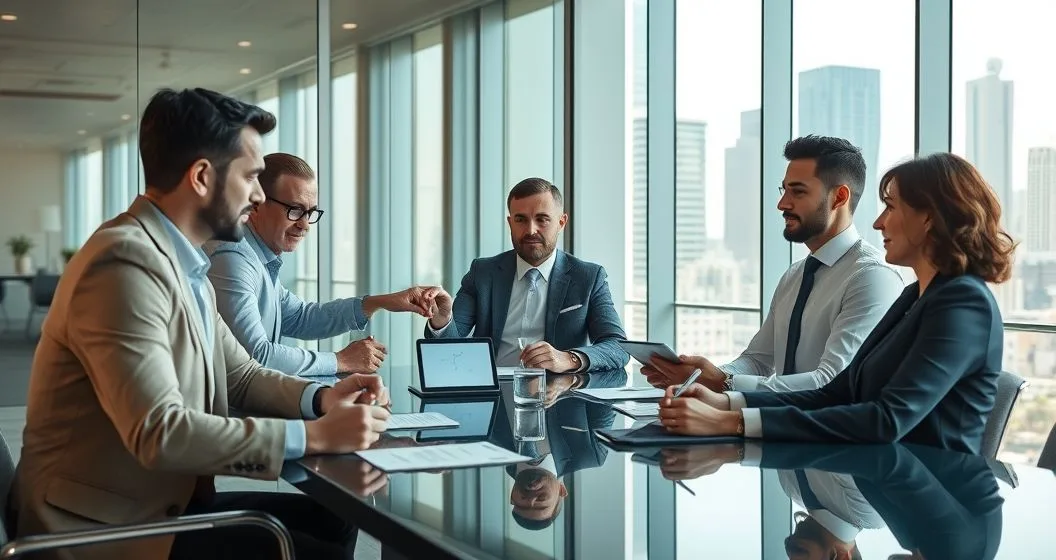 Lead lender and banking team around a conference table reviewing a tablet with a network diagram representing a syndicated loan