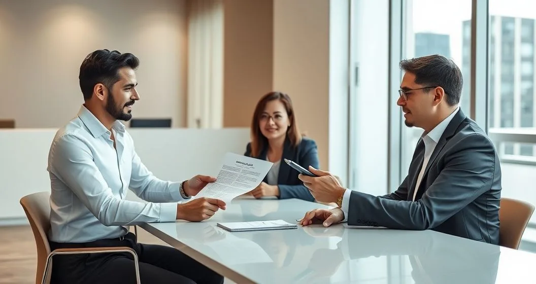 Borrower meets with a financial advisor and estate attorney at a modern conference table reviewing a loan transfer file after a lender has died
